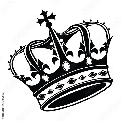 Intricate black and white royal crown with a cross on top, presented at an angle royalty king