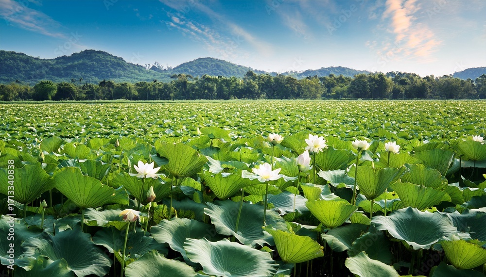 Fototapeta premium A Lotus Field Full Of Green In Midsummer