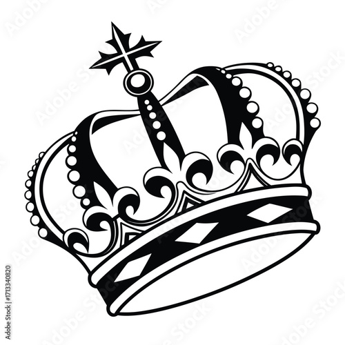 Ornate Black and White Crown Illustration with Fleur-de-lis and Cross Detail Keywords: crown, royal, monarchy, king, queen, royalty, symbol, emblem, heraldry, crest, regalia, sovereign, imperial