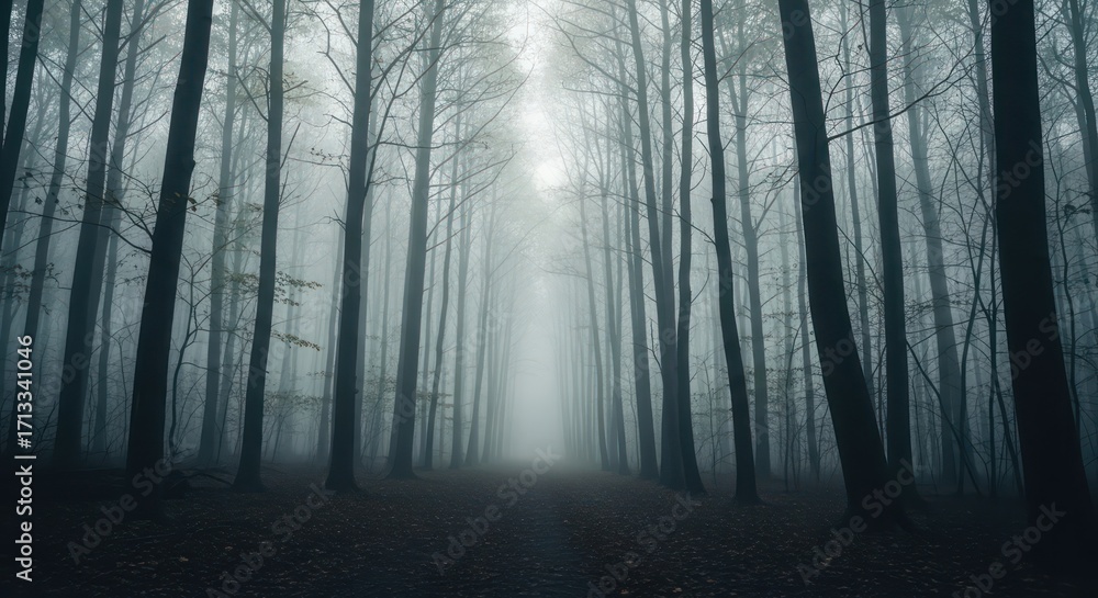 Fototapeta Mystical shrouded forest path inviting introspection and a sense of quiet exploration