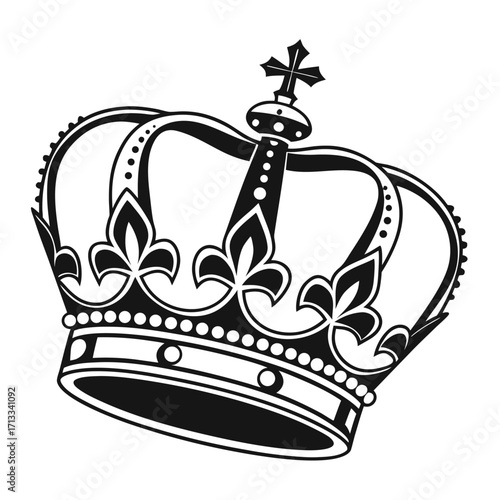 Ornate black and white royal crown with fleur-de-lis and cross on white background monarchy regal
