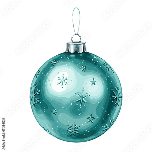 Teal Christmas Bauble with Snowflake Pattern. Watercolor Holiday Ornament Illustration Isolated on White Background.