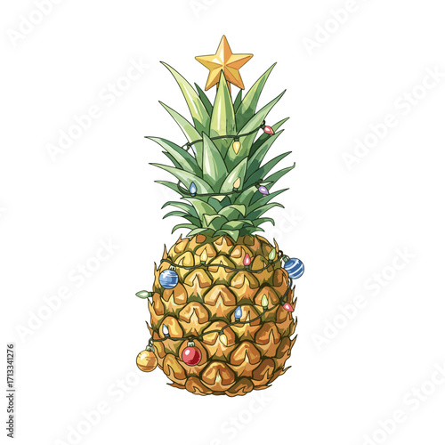 A festive pineapple decorated like a Christmas tree with a star, string lights, and ornaments. A whimsical holiday illustration for a tropical Christmas concept.