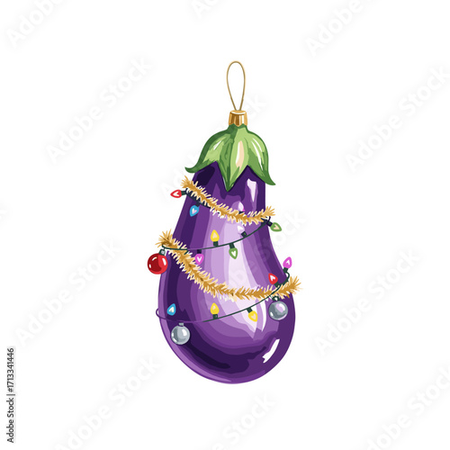 Festive eggplant Christmas ornament illustration. Whimsical purple aubergine decorated with tinsel and lights for the holidays, isolated on a white background.