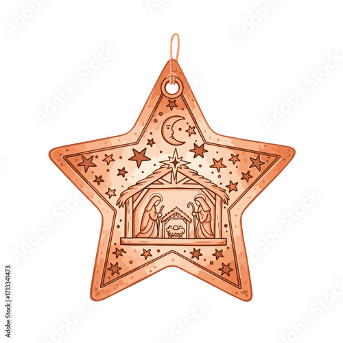 Star-shaped Christmas ornament featuring a hand-drawn Nativity scene. Isolated Christian holiday decoration illustration on a white background.