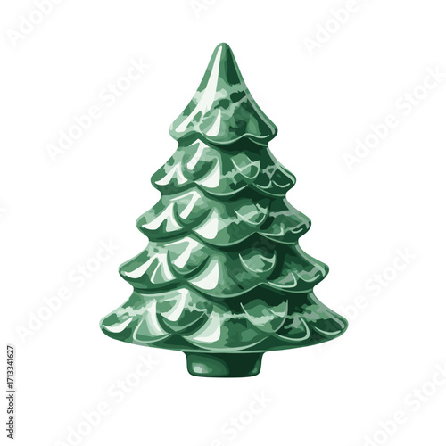 A stylized green Christmas tree illustration isolated on a white background. Shiny evergreen fir tree icon for holiday and winter season decoration.