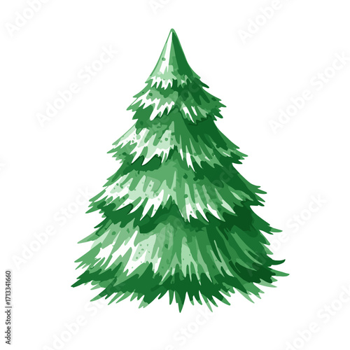 Stylized green Christmas tree illustration with snow. Watercolor fir tree isolated on white background. Festive holiday evergreen graphic.