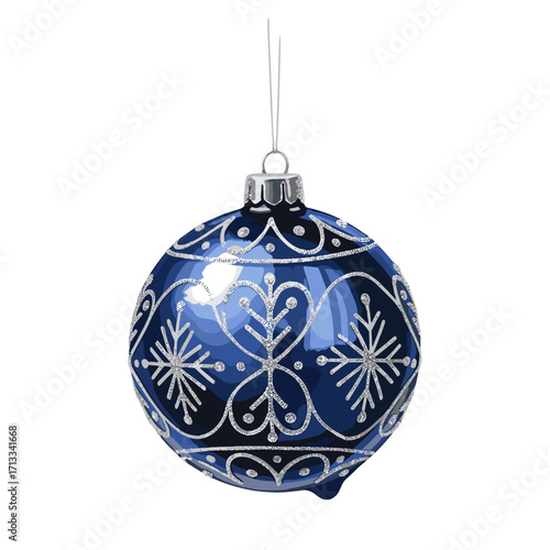 Blue Christmas ornament with silver glitter snowflake pattern hanging on a string. Festive holiday decoration isolated on a white background.