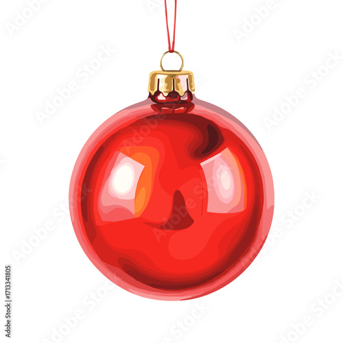 Shiny red Christmas ornament hanging on a string. Classic round holiday bauble with a gold cap, isolated on a white background. Vector illustration of a festive decoration.