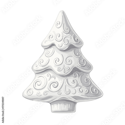 White ceramic Christmas tree figurine with a swirl pattern isolated on a white background. Vector illustration of a festive holiday decoration.