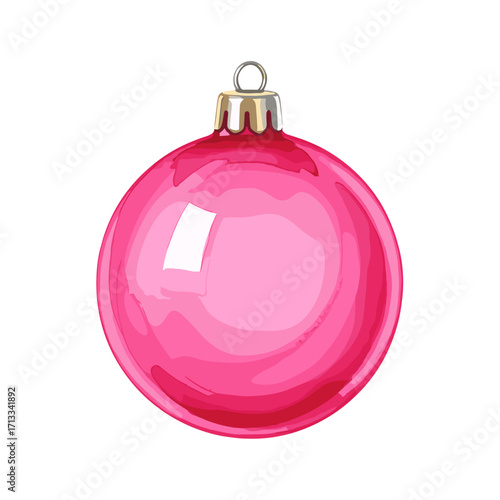 Pink Christmas ball ornament illustration. Shiny round bauble for holiday decoration isolated on a white background. Festive winter celebration object.