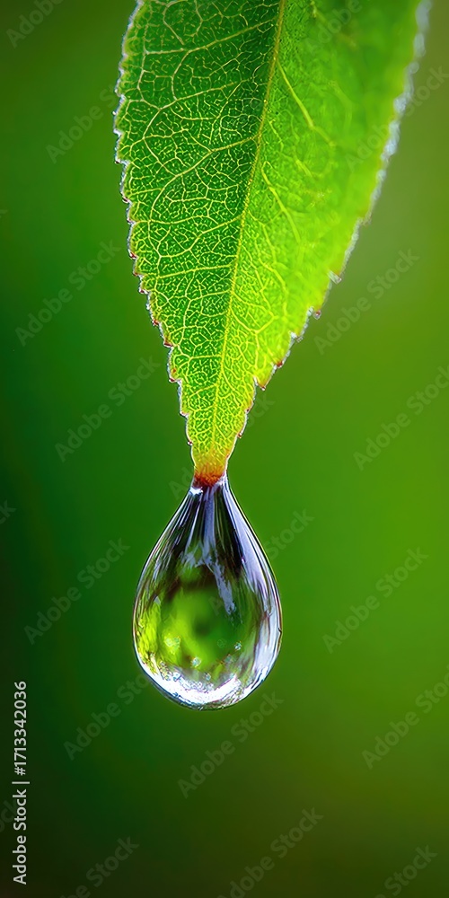 Fototapeta premium A vibrant green leaf holds a glistening water droplet, showcasing intricate leaf veins and a reflective surface.