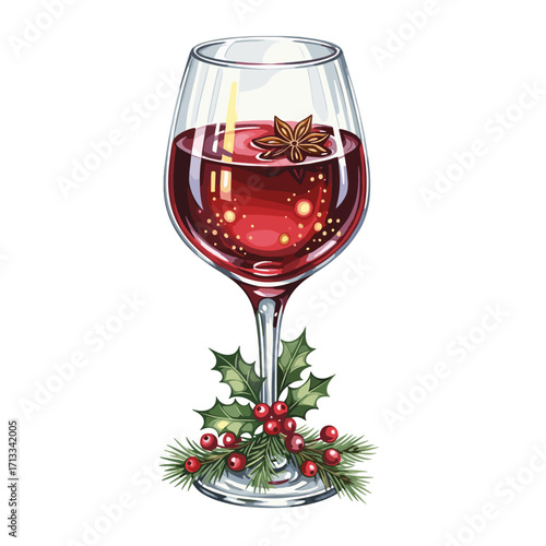 A glass of festive red mulled wine garnished with star anise and decorated with holly and berries for Christmas.