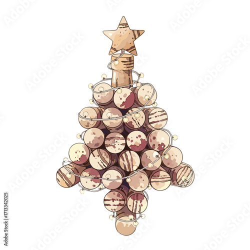 Hand-drawn illustration of a DIY Christmas tree made from upcycled wine corks with lights and a star topper, isolated on a white background.