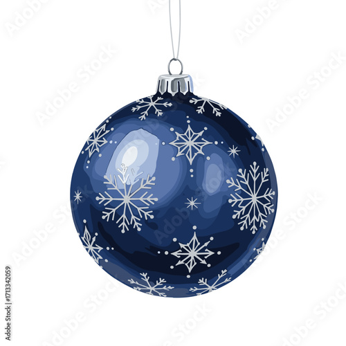 Blue Christmas ball ornament with a white snowflake pattern. Isolated holiday decoration hanging on a string. Festive winter bauble illustration on a white background.