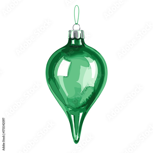 Green teardrop Christmas ornament illustration isolated on a white background. Shiny glass holiday decoration for a festive tree.