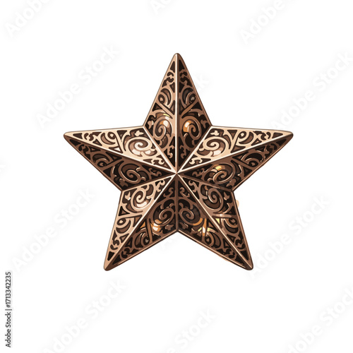 Ornate bronze filigree star lantern with intricate scrollwork patterns. Decorative glowing five-pointed star isolated on a white background for festive holiday themes.