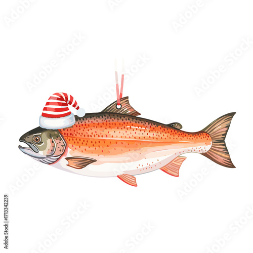 A whimsical watercolor illustration of a trout fish wearing a red and white striped Santa hat. This festive Christmas holiday ornament is isolated on a white background.