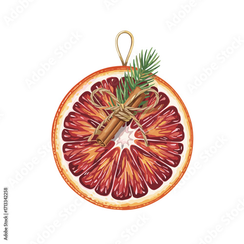 Illustrated Christmas ornament made from a dried blood orange slice with a cinnamon stick and pine sprig, isolated on a white background.