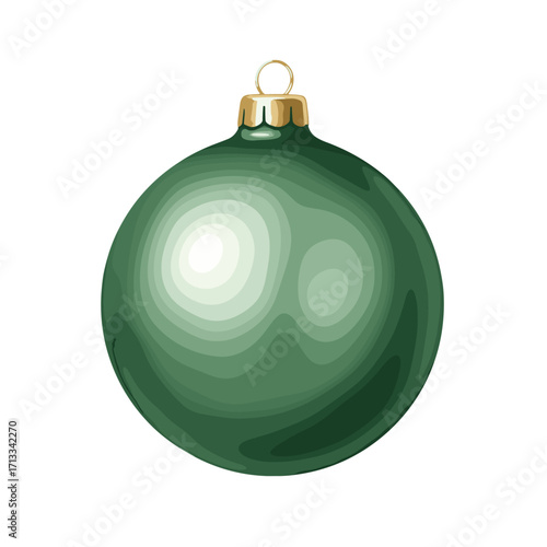 Shiny green Christmas bauble ornament. Festive holiday decoration for a tree, isolated on a white background. Vector illustration style.