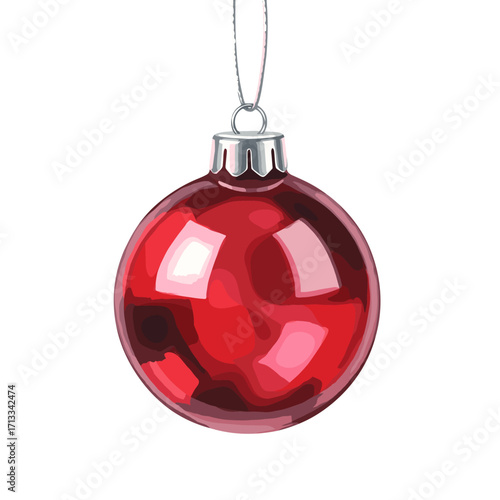 Red Christmas Bauble Ornament Hanging. Shiny Holiday Decoration Illustration Isolated on a White Background.