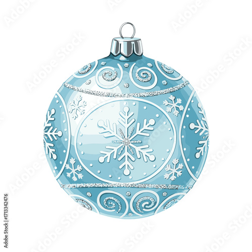 Light blue Christmas ornament with snowflake and glitter design. Isolated winter holiday decoration illustration on a white background.