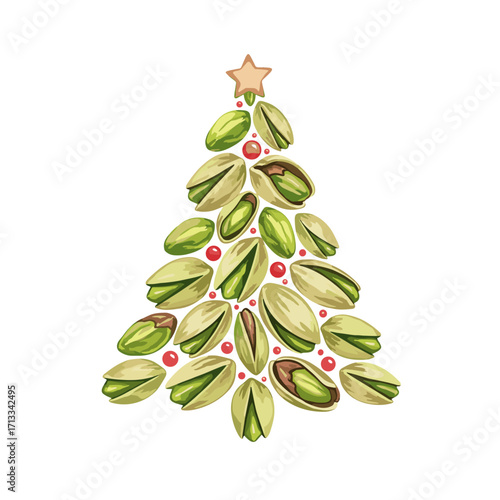 A festive Christmas tree composed of green pistachio nuts, decorated with red berries and a star topper. Isolated on a white background.