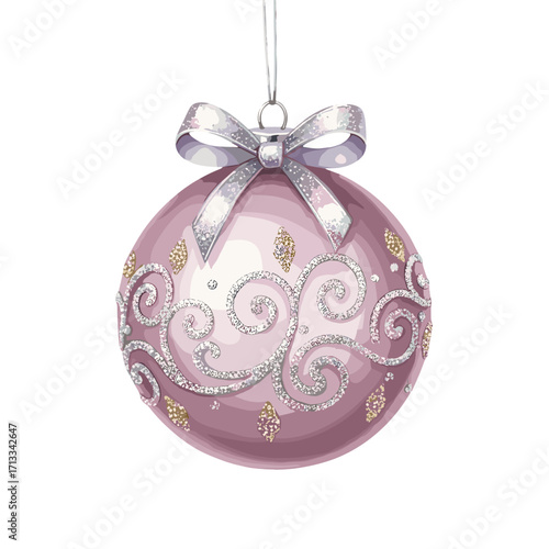 Elegant pink Christmas bauble with a silver bow and glitter swirl decorations. Festive holiday ornament illustration isolated on a white background.