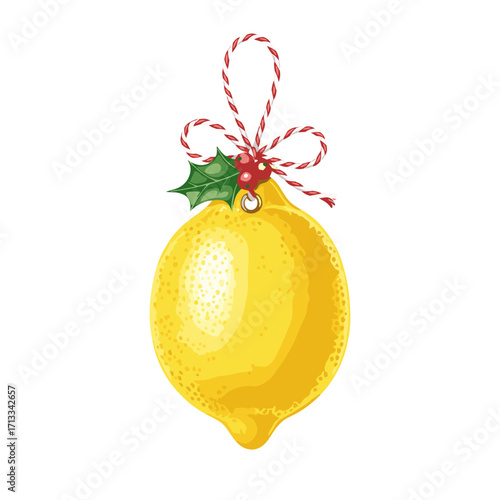 Lemon Christmas ornament illustration with a festive holly sprig and red and white twine bow. A unique holiday decoration concept isolated on a white background.