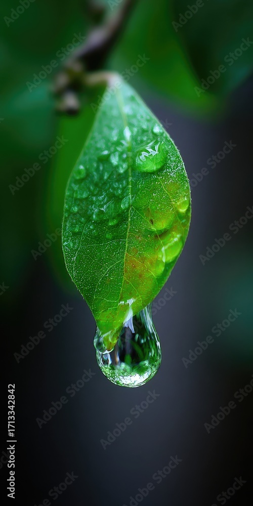Fototapeta premium A close-up of a vibrant green leaf, glistening with water droplets, showcasing a single, teardrop-shaped dewdrop hanging delicately from the leaf's edge.