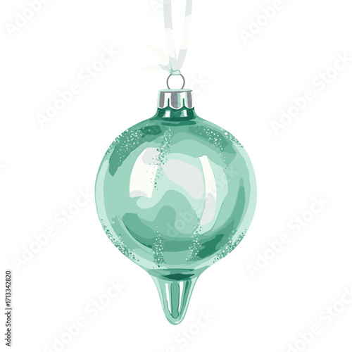 A beautiful mint green glass Christmas ornament with glitter. A vintage style teardrop holiday bauble illustration isolated on a white background.