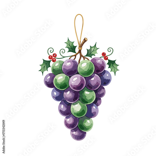 A festive Christmas ornament made of a bunch of purple and green grapes, decorated with holly leaves and red berries. Watercolor style illustration isolated on a white background.