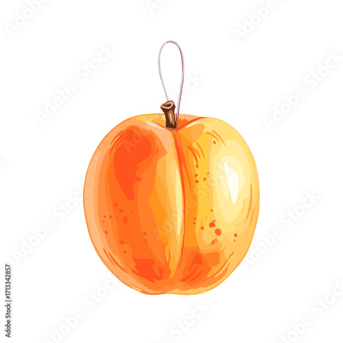 Watercolor apricot fruit ornament illustration. Hand-drawn hanging peach or nectarine decoration isolated on a white background. Artistic food concept.
