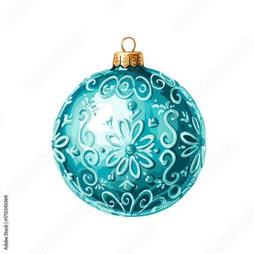 Watercolor illustration of a turquoise Christmas bauble with intricate floral patterns. Hand-painted teal holiday ornament isolated on a white background.