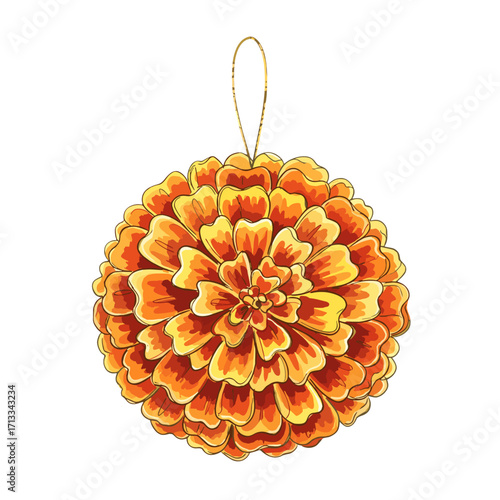 Illustrated Marigold Flower Ball Ornament. Hanging Orange and Yellow Floral Decoration for Day of the Dead. Cempasuchil Flower Illustration on White Background.