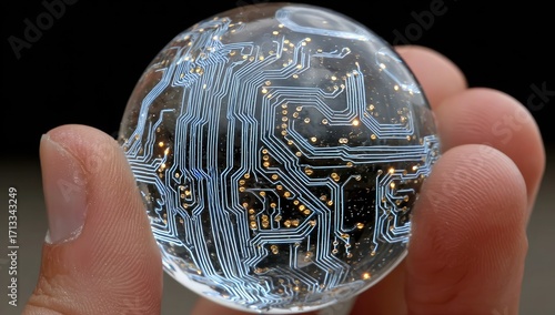 A hand gently cradles a clear glass sphere containing an intricate, glowing blue circuit board pattern, suggesting technological interconnectedness or global networks