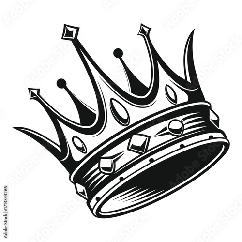 Stylized black and white crown with sharp points and diamond shapes on white background king queen