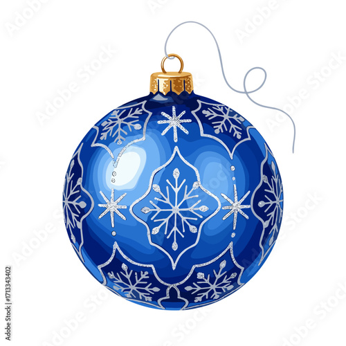 Detailed illustration of a blue Christmas ball ornament with sparkling silver snowflakes. Festive holiday decoration isolated on a white background.