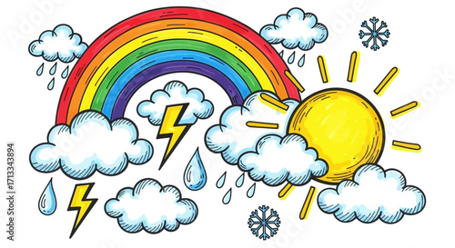 Weather Vector Illustration with Rainbow Clouds Sun Rain and Lightning Hand Drawn Style