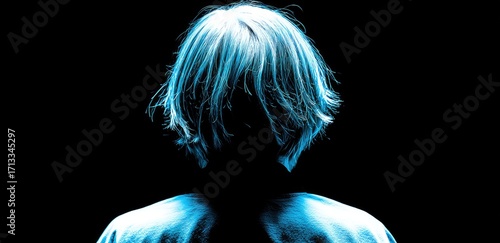 Silhouetted person with vibrant, light-blue hair
