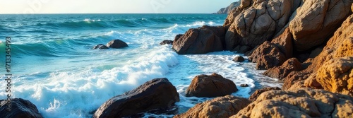 Dramatic Coastal Scene Wave-Washed Rocks Meet Oceans Fury, Sunlight Illuminating Rugged Headland Beauty