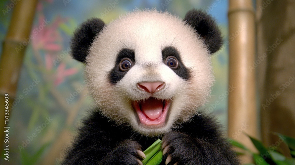 Obraz premium Adorable Baby Panda Smiling with Bamboo in Natural Habitat