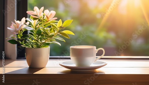 Wallpaper Mural A Serene Morning Scene Featuring A White Cup On A Saucer Beside A Blooming Plant Bathed In Gentle Sunlight By A Window Torontodigital.ca