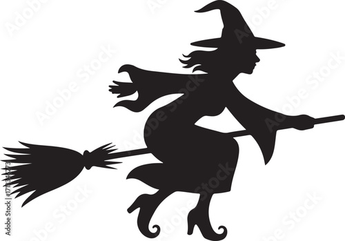 Halloween witch flying on broomstick silhouette vector