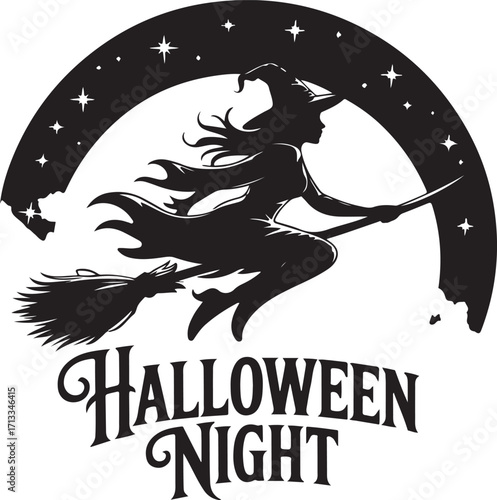 Halloween witch flying on broomstick silhouette vector