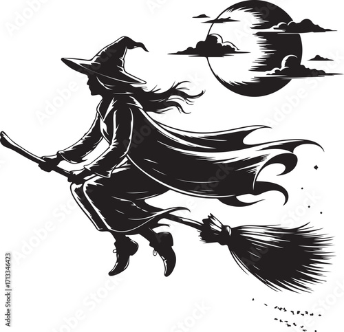 Halloween witch flying on broomstick silhouette vector