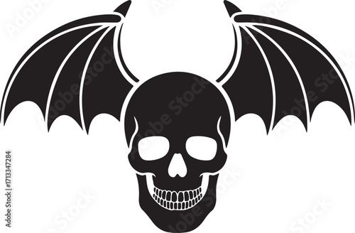 Black silhouette of a skull with bat wings, white background.