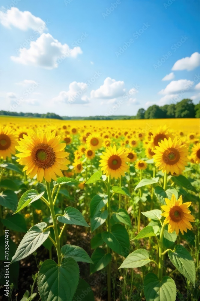 Fototapeta premium Vibrant yellow sunflower field stretching to the horizon under a bright summer sky Perfect for summer, nature, and agriculture themes Enjoy the beauty of nature's artistry , horizon, close-up