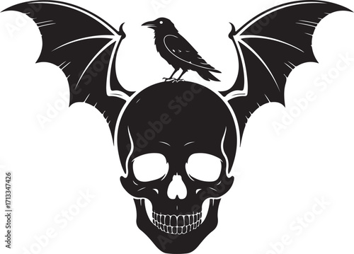 Black silhouette of a skull with bat wings, white background.