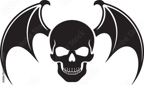 Black silhouette of a skull with bat wings, white background.